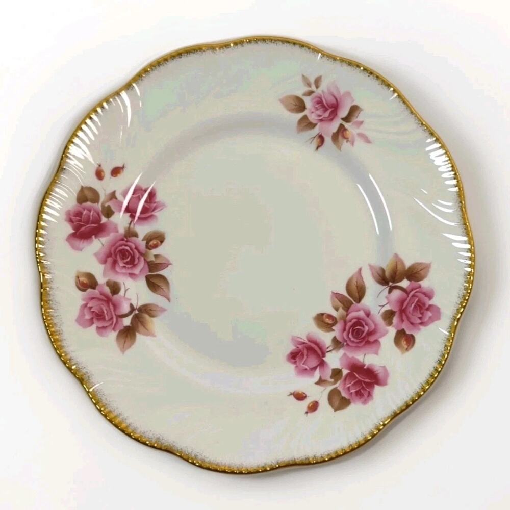 Vintage Regal Heritage Bone China Plate Pink - Roses Gold Trim - England